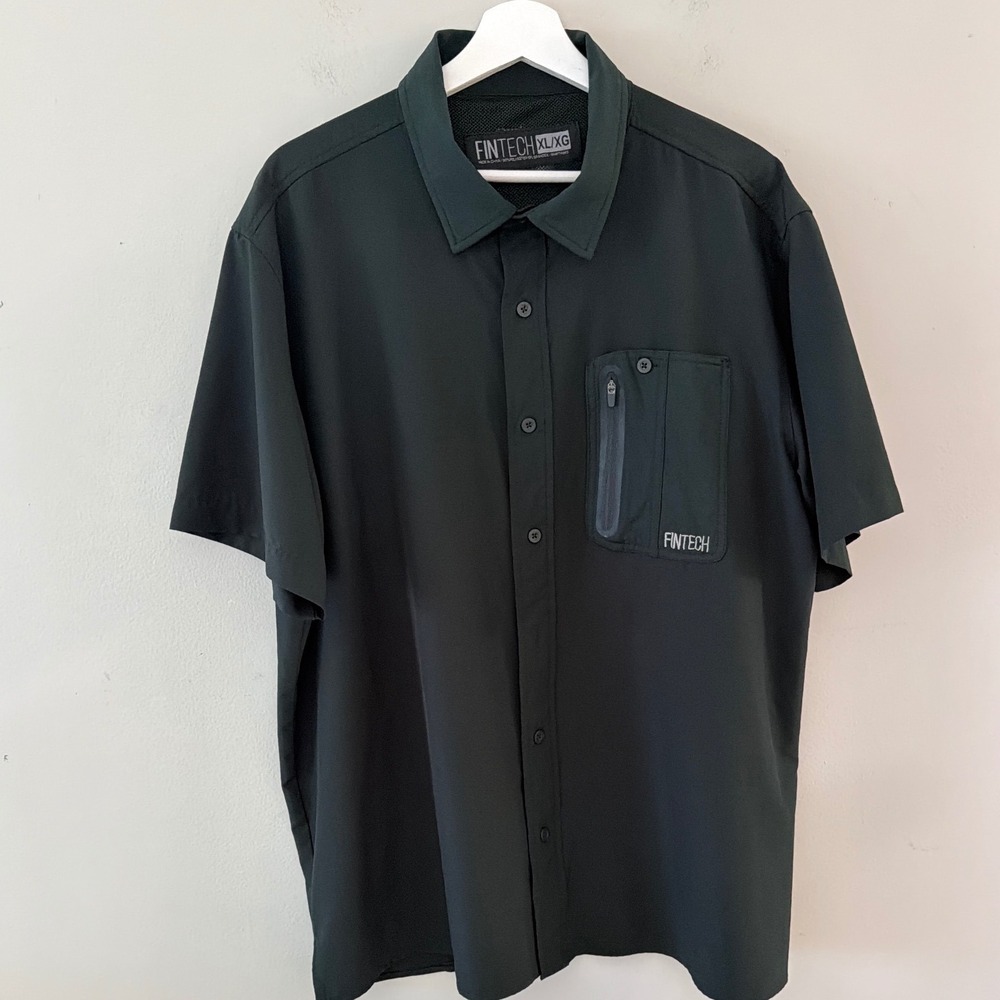 Fintech Mens XL Black Short Sleeve Performance Fishing Shirt Vented Back Stretch